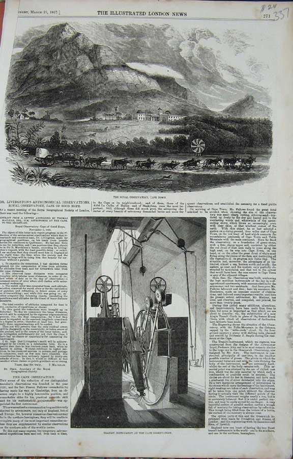 Old Antique Print 1857 Royal Obervatory Cape Town Africa Instrument Art 19th