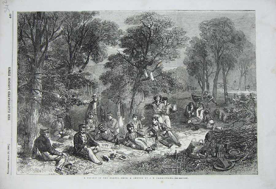 Old Antique Print 1856 Picnic Baltic Men Uniform Country Trees Carmichael 19th
