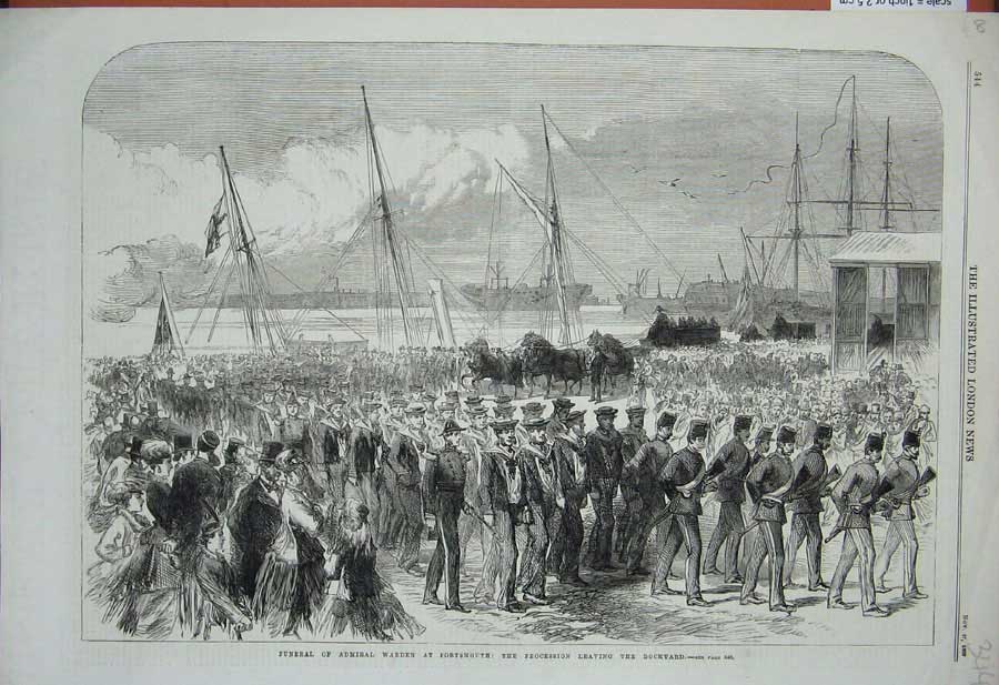 Antique Old Print *3504 1869 Funeral Admiral Warden Portsmouth Dockyard Ship