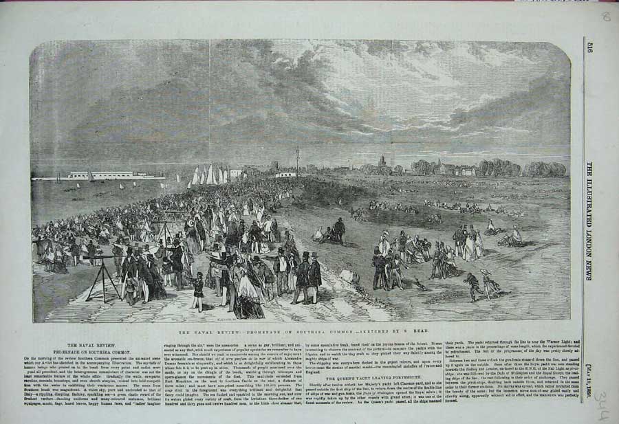 Original Old Antique Print 1856 Naval Review Promenade Southsea Common Siers