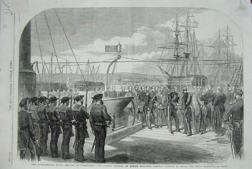 Old Antique Print 1865 Naval Festival Admiral Seymour Reine Hortense Ship 19th