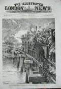 Original Old Antique Print 1887 Portsmouth Armour-Clad Train Bridge War Siers