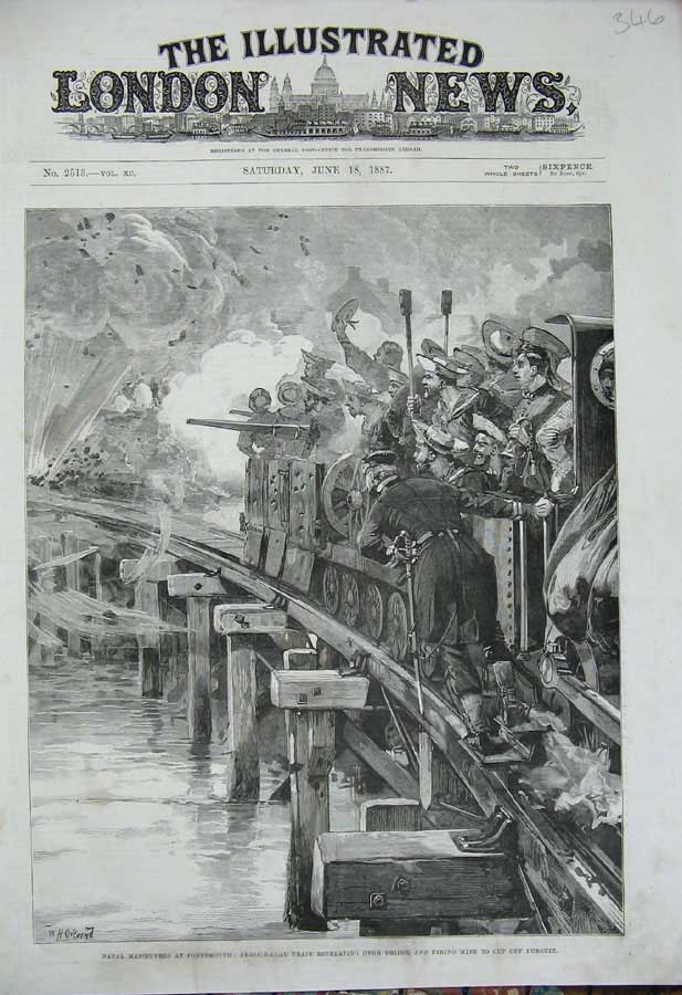 Original Old Antique Print 1887 Portsmouth Armour-Clad Train Bridge War Siers