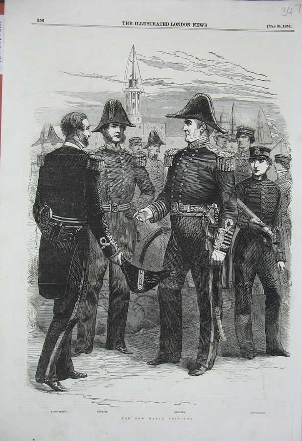 Original Old Antique Print 1856 Naval Uniforms Army Captain Admiral Midshipman