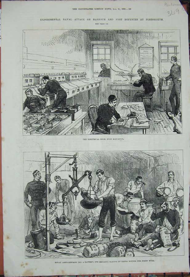 Old Antique Print Portsmouth 1880 Fort Munckton Battery Electrical Room 19th