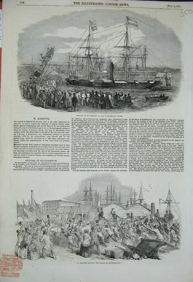 Original Old Antique Print 1851 Kossuth Southampton Docks Ship England 19th