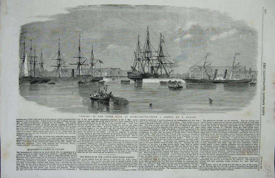 Old Antique Print 1859 Inner Dock Southampton War Ships Men Boats Hedger 19th