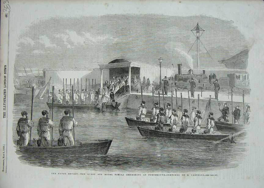 Original Old Antique Print 1856 Naval Review Queen Royal Family Portsmouth Ship