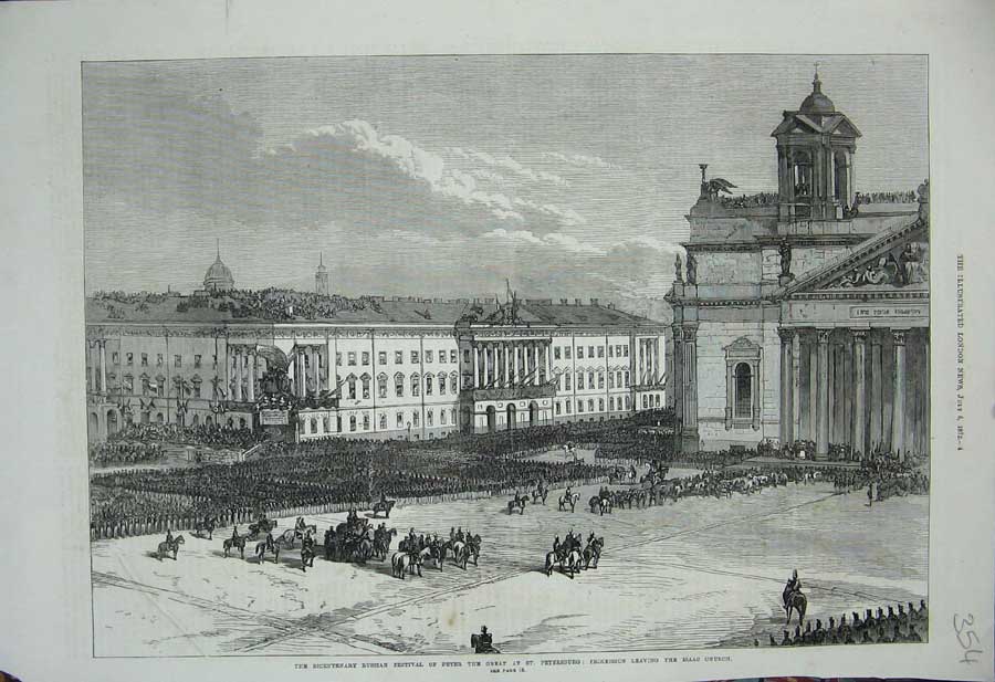 Original Old Antique Print 1872 Russian Festival Peter Great Petersburg Church