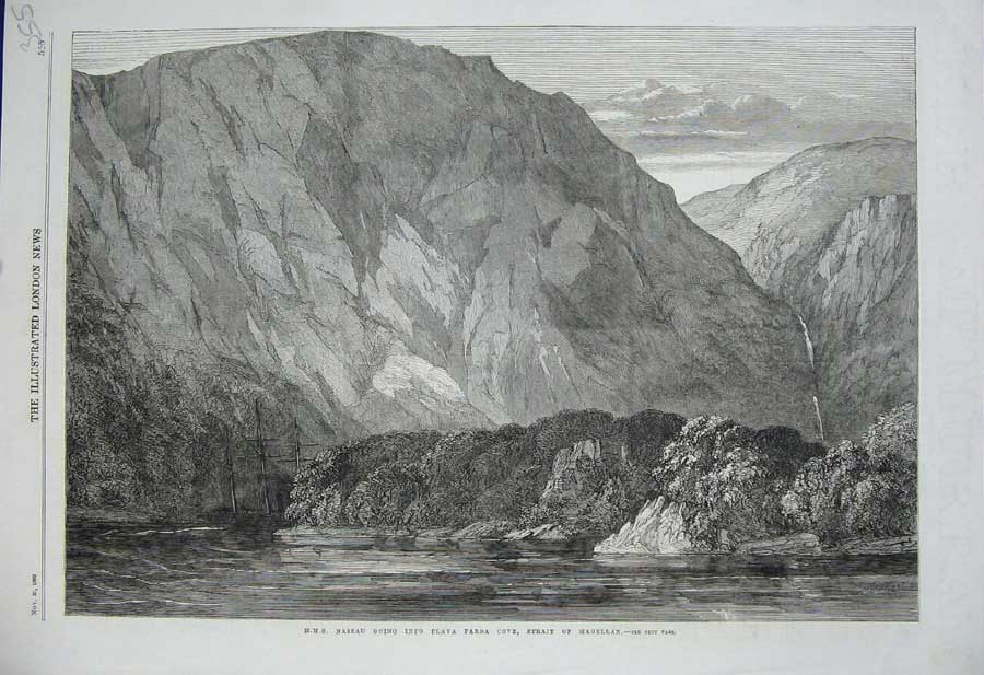 Old Antique Print H.M.S Nassau Playa Parda Cove Strait Magellan 1869 Ship 19th