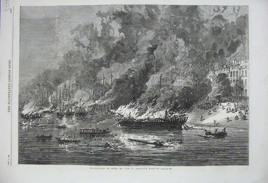 Original Old Antique Print 1869 Destruction Ships Fire Bordeaux Harbour Flames