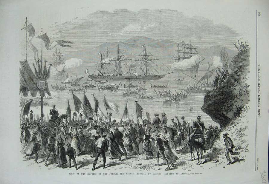 Old Antique Print 1869Empress French Prince Imperial Corsica Ajaccio Ship 19th