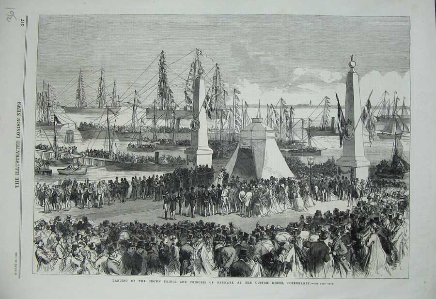 Original Old Antique Print 1869 Prince Denmark Custom House Copenhagen Ships