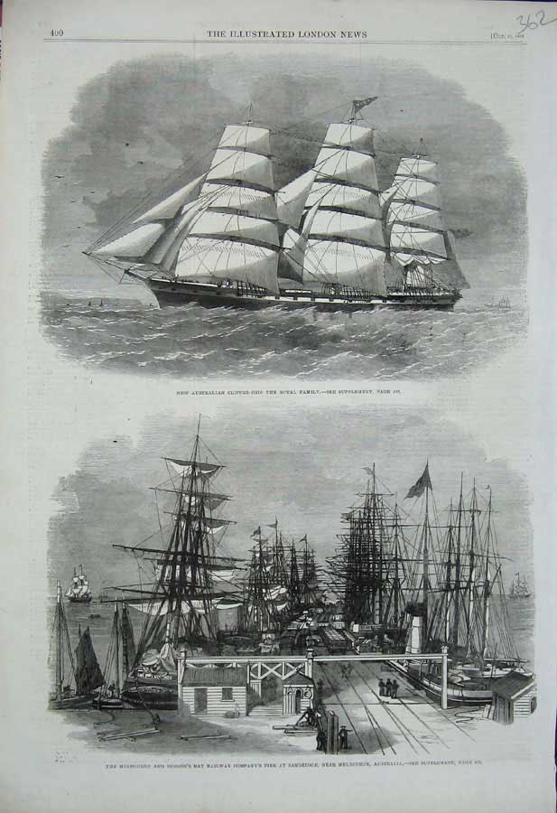 Original Old Antique Print 1862 Australian Clipper Ship Royal Family Melbourne