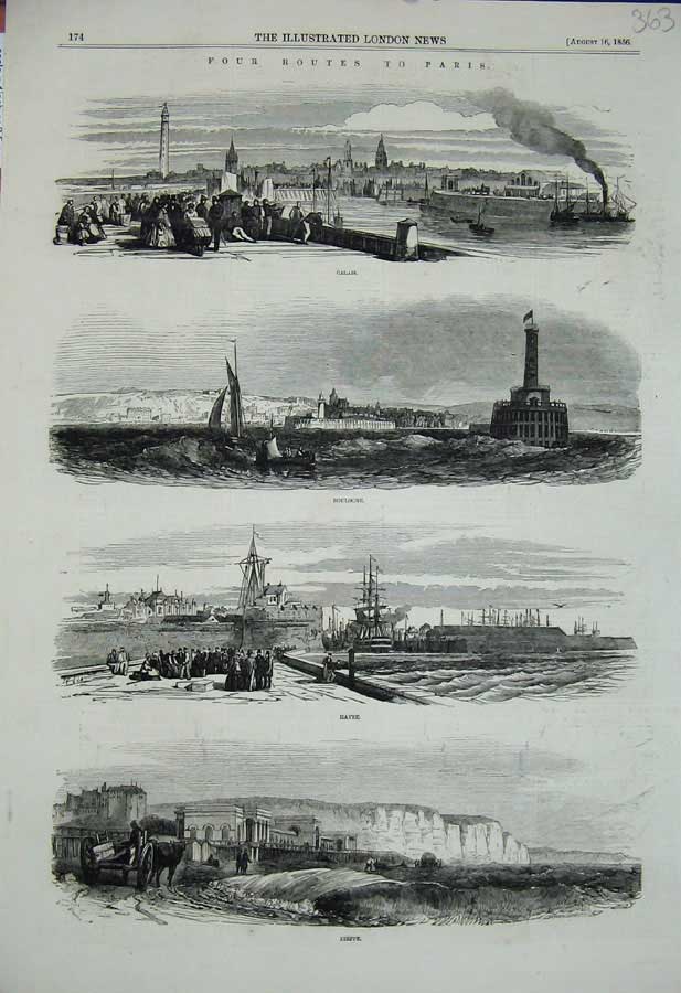 Original Old Antique Print 1856 Paris Calias Boulogne Havre Dieppe Ports France