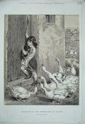 Original Old Antique Print 1888 Sepia Little Girl Puppy Dog Geese Leighton 19th