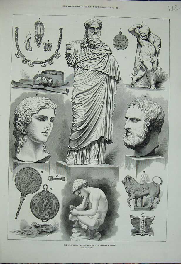 Original Old Antique Print 1876 Castellani British Museum Statue Bust Victorian