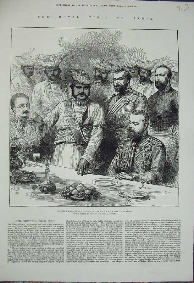 Old Antique Print 1876 Royal Visit India Scindia Prince Wales Gwalior Men 19th