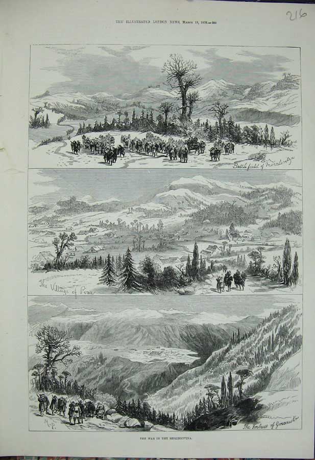 Original Old Antique Print 1876 War Herzegovina Battle Field Fortress Mountains