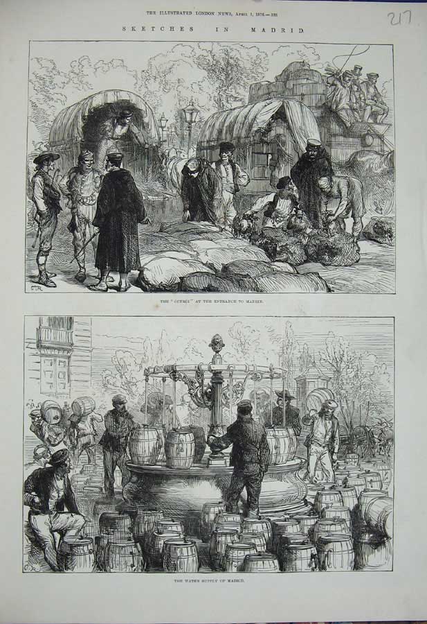 Old Antique Print 1876 Madrid Spain Octroi Water Supply Barrels Waggons 19th