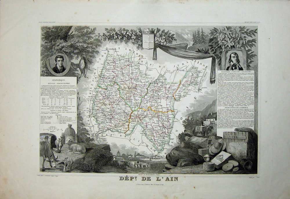 Old Antique Print De L'Ain Bourg 1845 Atlas National France Maps Belley 19th