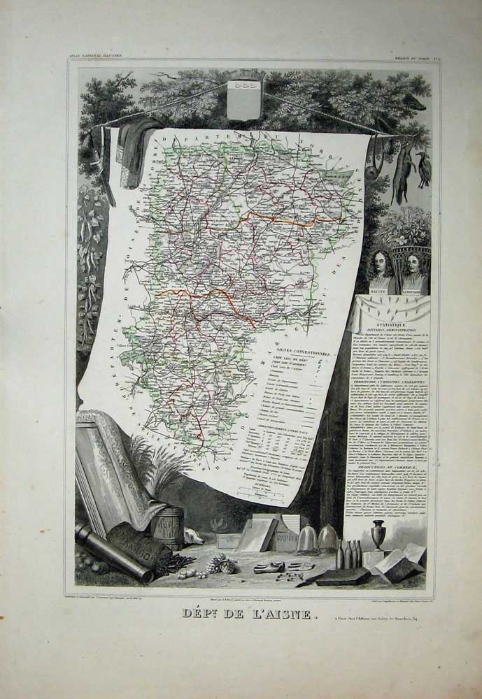 Original Old Antique Print 1845 Maps Atlas National France Dept De Laisne Laon