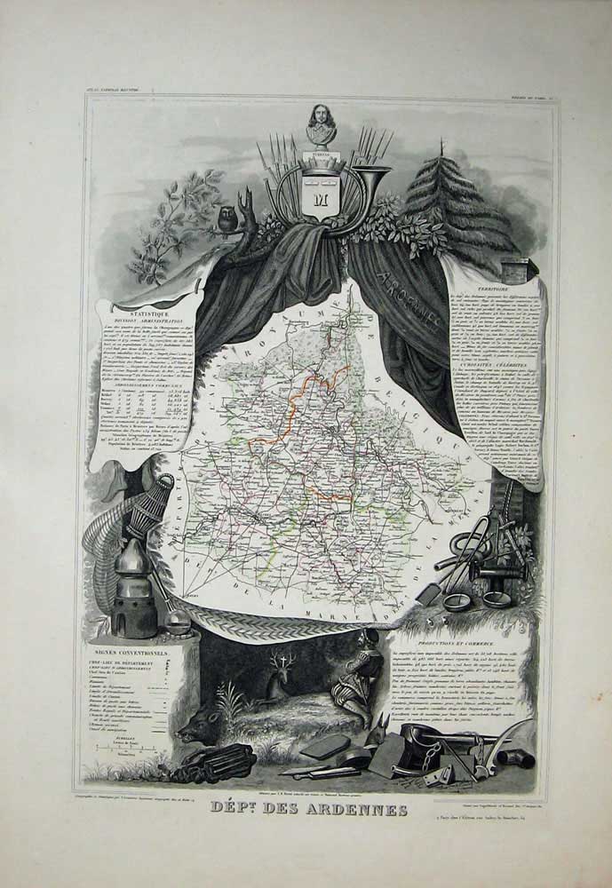Old Antique Print 1845 Atlas National France Maps Dept Des Ardennes Flize 19th