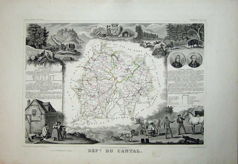 Old Antique Print 1845 Atlas National France Maps Du Cantal Flour Chely 19th
