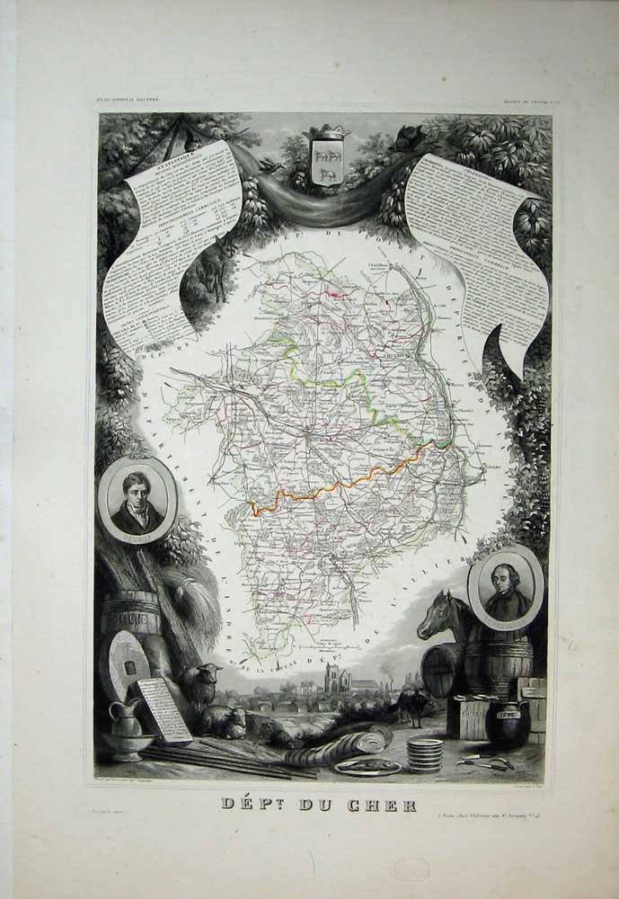 Old Antique Print 1845 Atlas National France Maps Du Cher Bourges Amand 19th