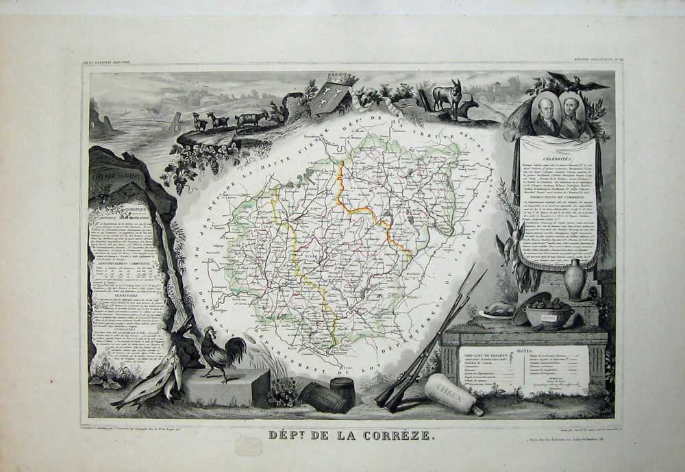 Original Old Antique Print 1845 Atlas National France Maps De La Correze Tulle