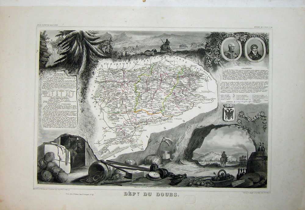 Old Antique Print 1845 Atlas National France Maps Du Doubs Besancon Baume 19th