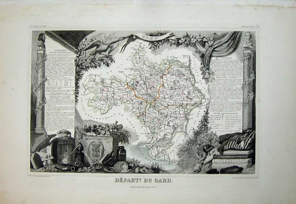Original Old Antique Print 1845 Atlas National France Maps Du Gard Nimes Alais