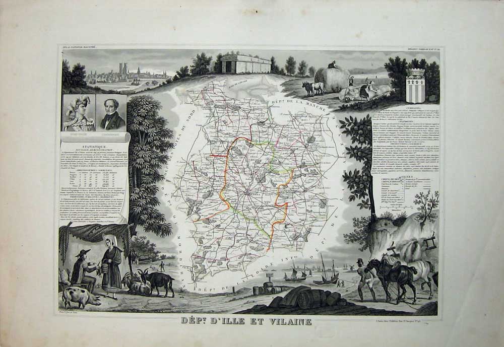 Old Antique Print 1845 Atlas National France Maps D'Ille Vilaine Rennes 19th