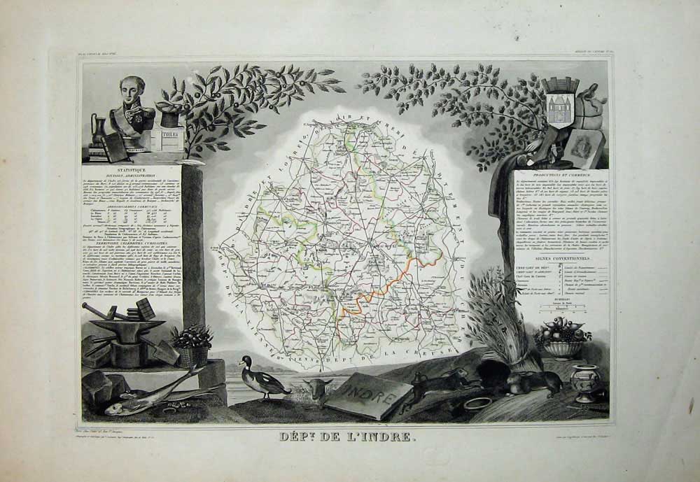 Original Old Antique Print 1845 Atlas National France Maps De L'Indre Gaultier