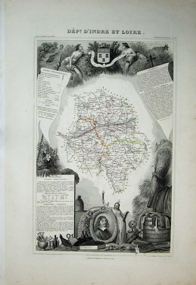Old Antique Print 1845 Atlas National France Maps D'Indre Et Loire Tours 19th