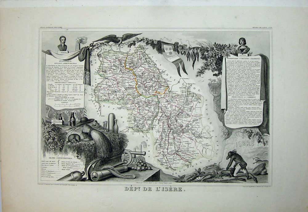 Original Old Antique Print De L'Isere 1845 Atlas National France Maps Grenoble