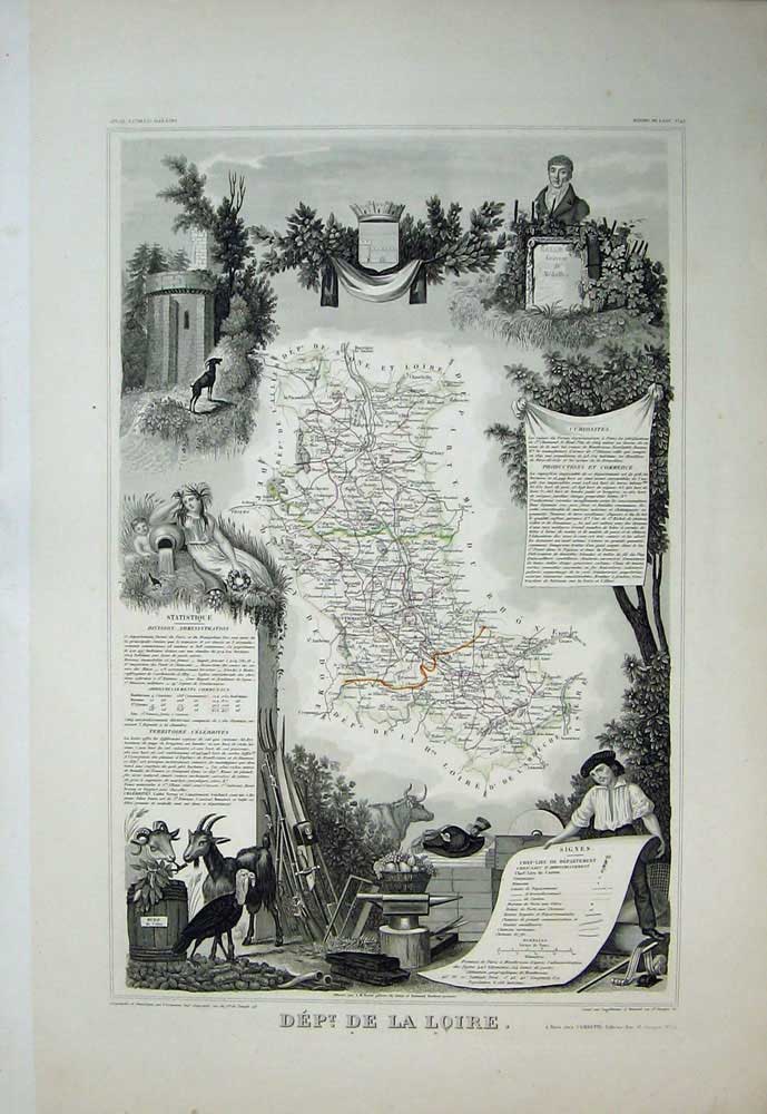 Old Antique Print 1845 Atlas National France Maps De La Loire Montbrison 19th