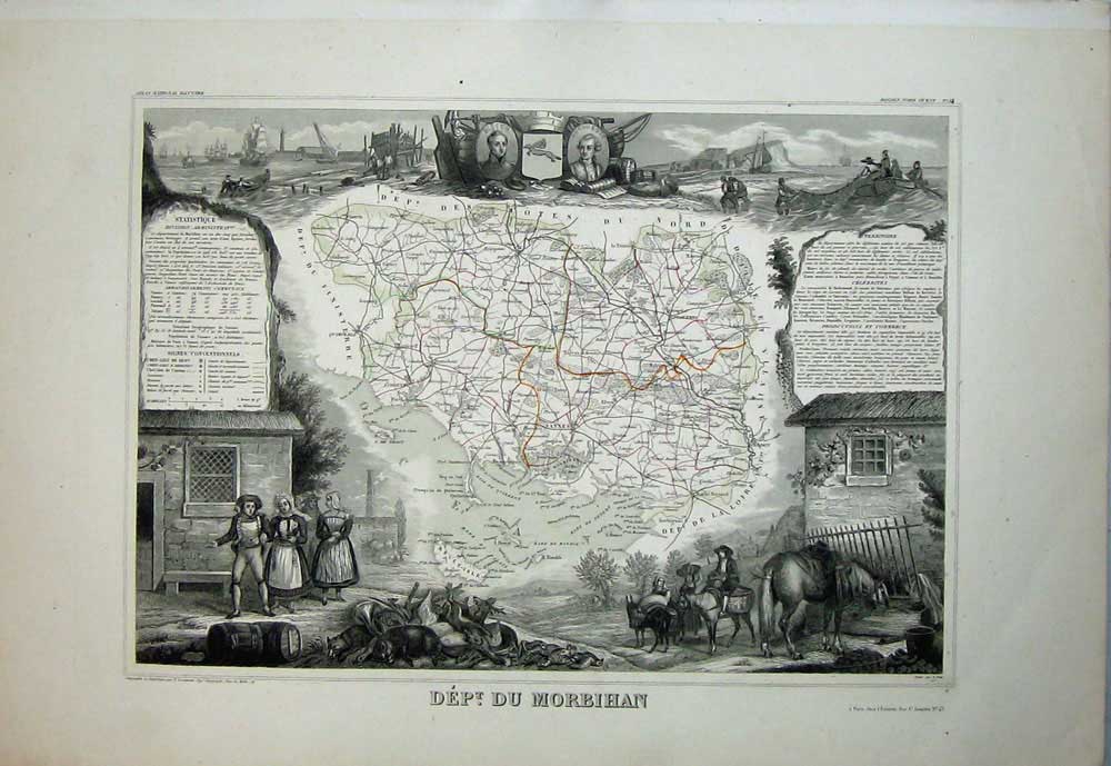 Original Old Antique Print 1845 Atlas National France Maps Du Morbihan Nannes