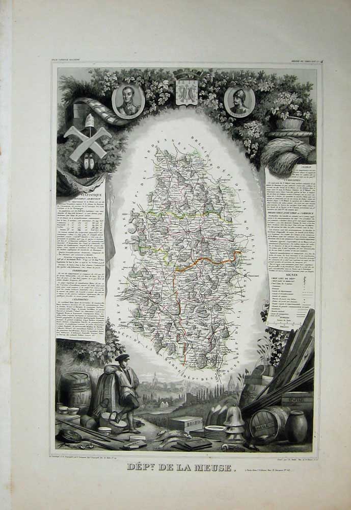 Old Antique Print Aneerville 1845 Atlas National France Maps De La Meuse 19th