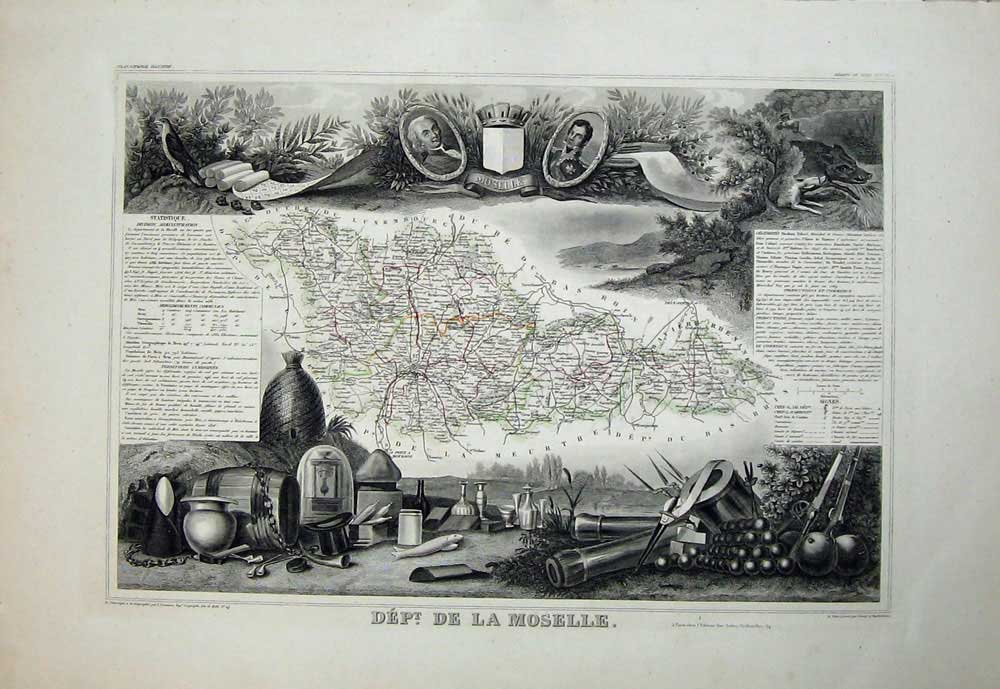 Original Old Antique Print De La Moselle 1845 Atlas National France Maps Metz