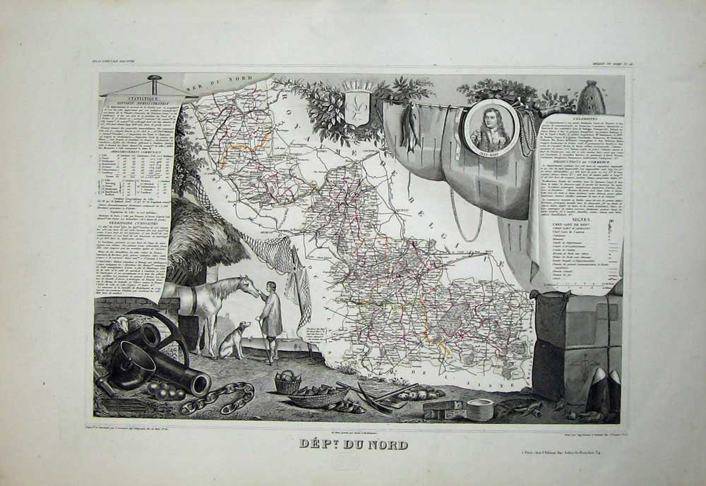 Old Antique Print 1845 Atlas National France Maps Du Nord Avesnes Liele 19th
