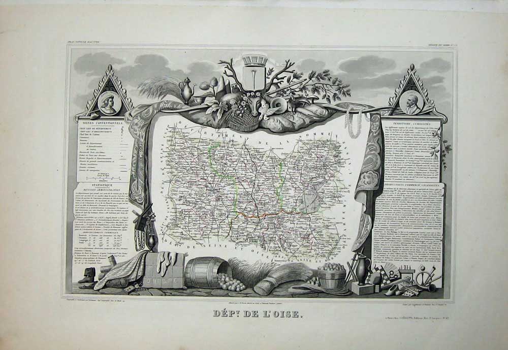Original Old Antique Print 1845 Atlas National France Maps De L'Oise Beauvais
