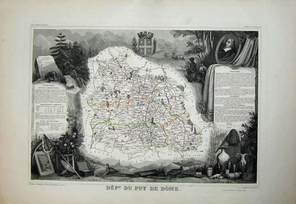 Old Antique Print 1845 Atlas National France Maps Du Puy De Dome Gannat 19th