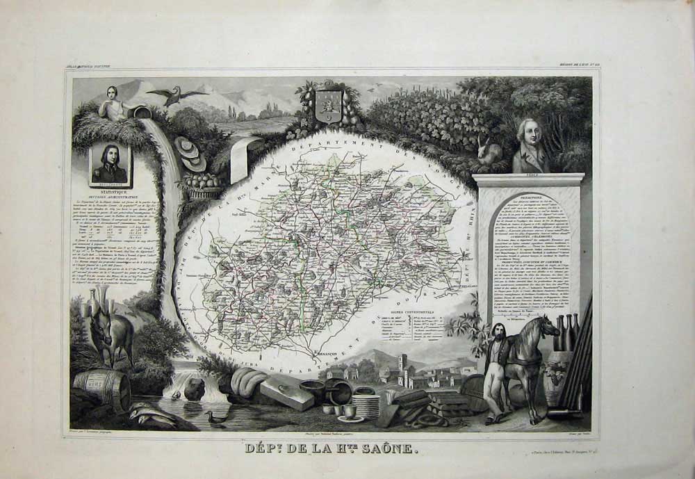 Original Old Antique Print 1845 Atlas National France Maps Saone Vesoui Lure