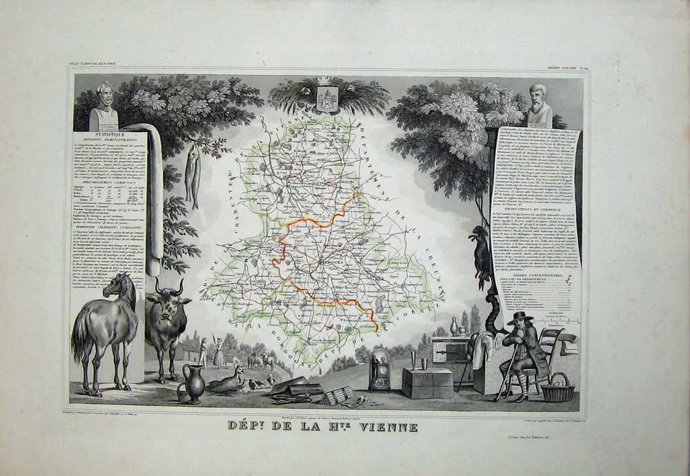 Original Old Antique Print 1845 Atlas National France Maps De La Vienne Limoges