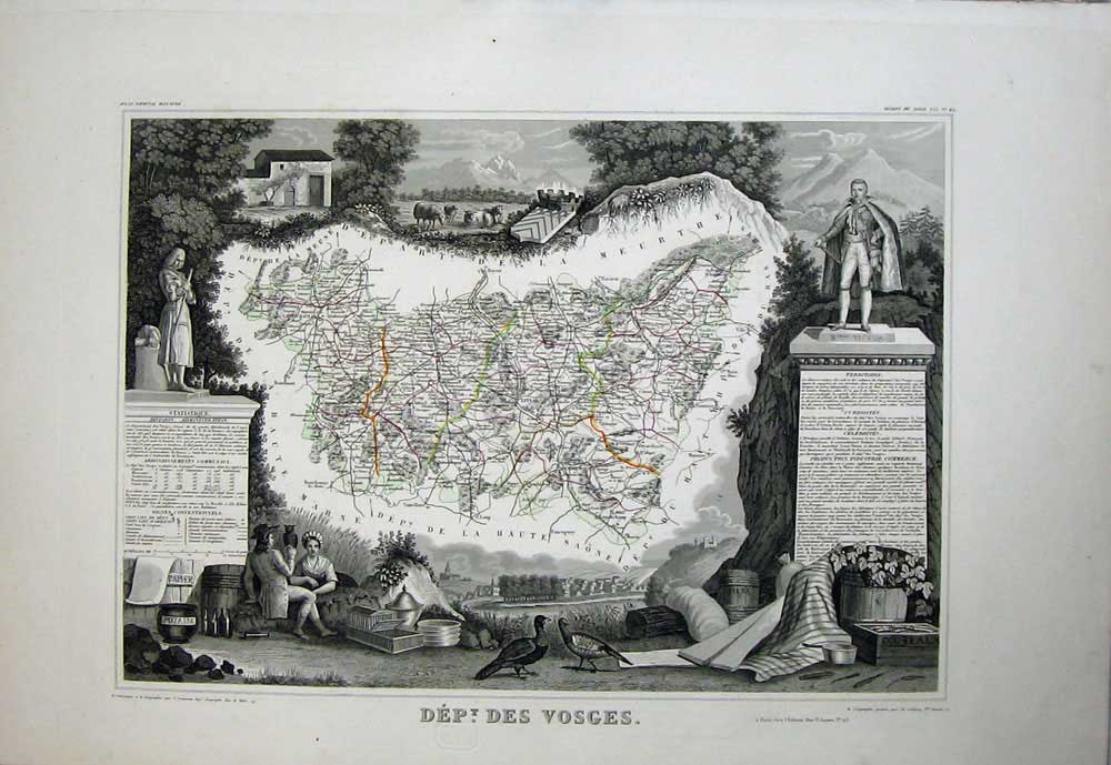 Old Antique Print 1845 Atlas National France Maps Des Vosges Epinal Die 19th
