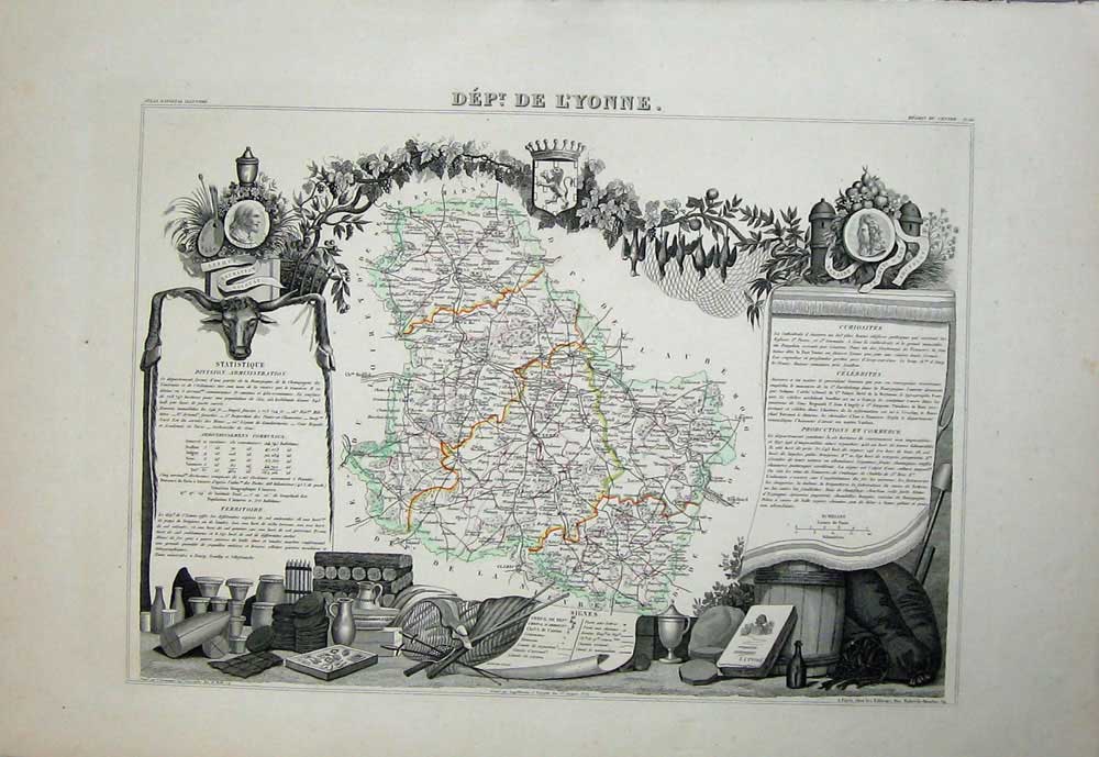 Old Antique Print 1845 Atlas National France Maps De L'Yonne Auxerre Sens 19th