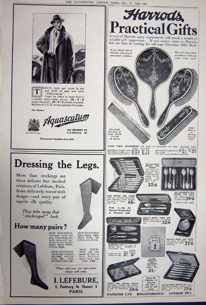 Old Vintage Print Advertisement 1922 America Ship Lamp Harrods Stockings 20th