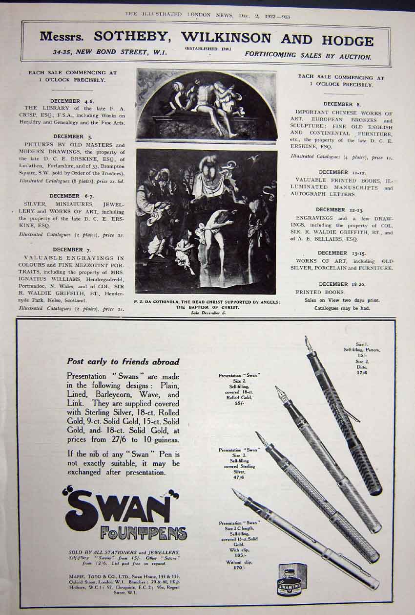 Old Vintage Print Advertisement 1922 Harrods Silversmiths Swan Fountpens 20th