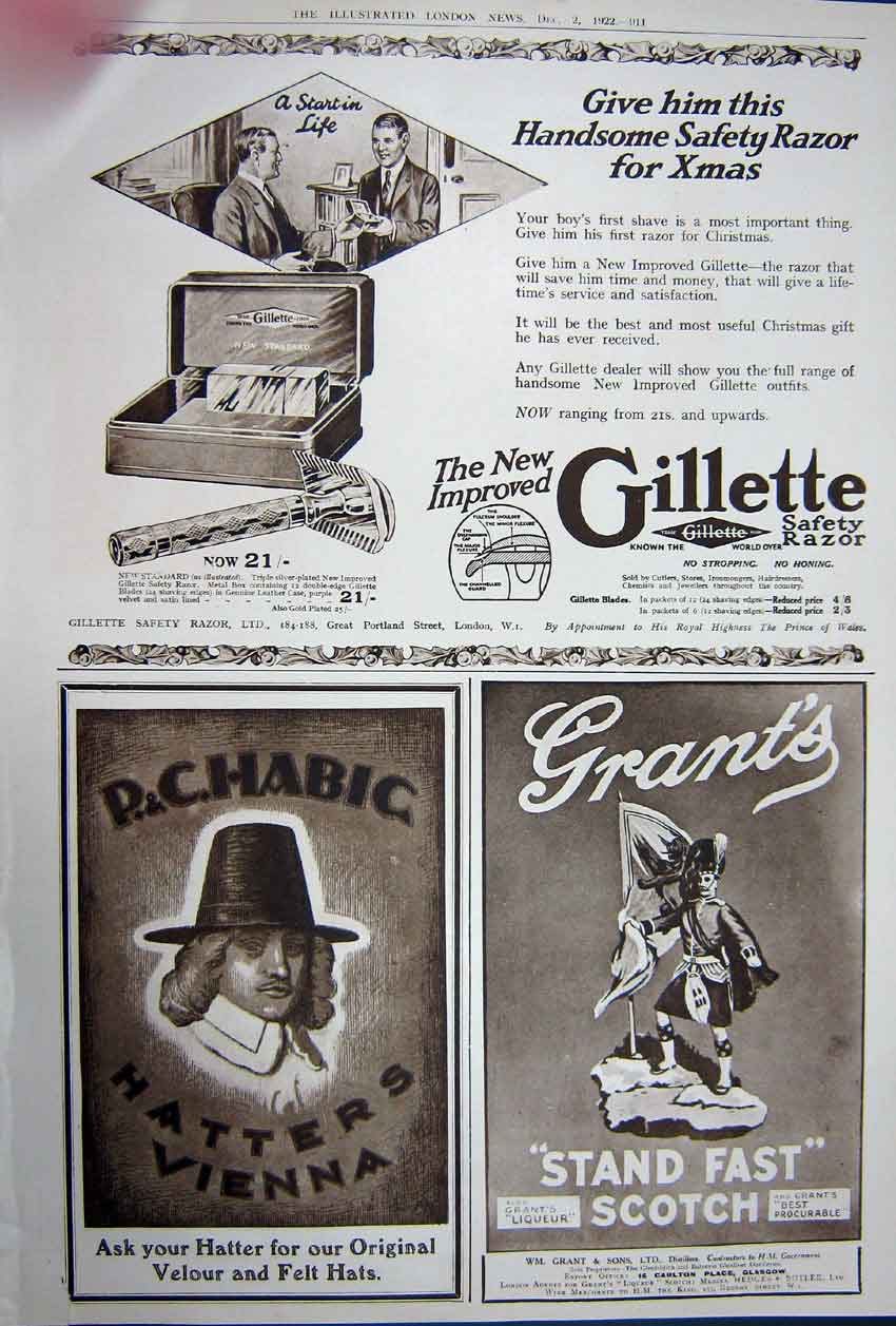 Antique Old Print Advertisement 1922 Kropp Railway Gillette Grants Whisky 20th